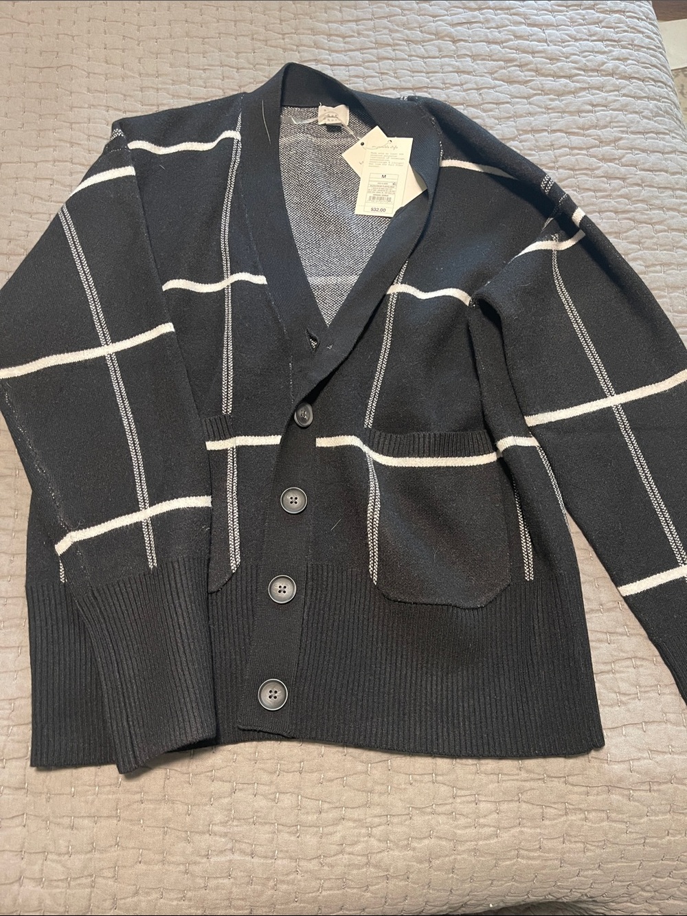 a new day Black Cardigan with White Windowpane Stripes